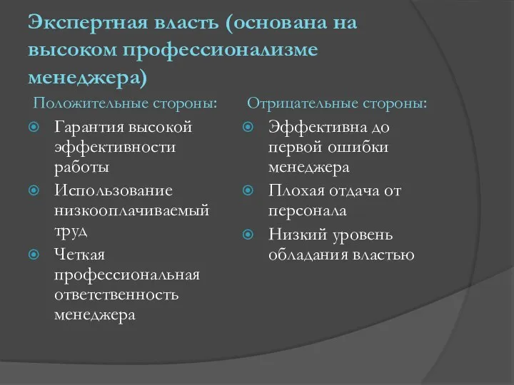 Экспертная власть (основана на высоком профессионализме менеджера) Положительные стороны: Гарантия высокой