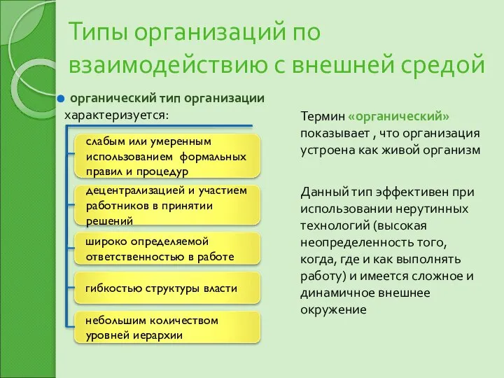 Типы организаций по взаимодействию с внешней средой Термин «органический» показывает ,