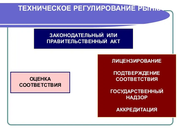 ТЕХНИЧЕСКОЕ РЕГУЛИРОВАНИЕ РЫНКА ЗАКОНОДАТЕЛЬНЫЙ ИЛИ ПРАВИТЕЛЬСТВЕННЫЙ АКТ ЛИЦЕНЗИРОВАНИЕ ПОДТВЕРЖДЕНИЕ СООТВЕТСТВИЯ ГОСУДАРСТВЕННЫЙ НАДЗОР АККРЕДИТАЦИЯ ОЦЕНКА СООТВЕТСТВИЯ