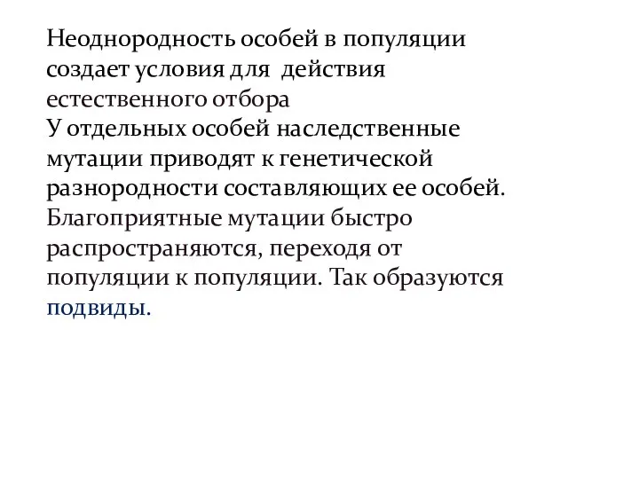 Неоднородность особей в популяции создает условия для действия естественного отбора У