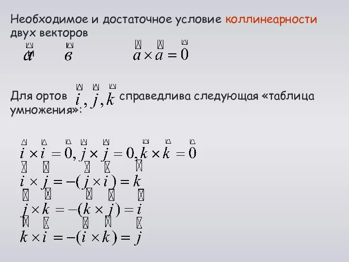 Необходимое и достаточное условие коллинеарности двух векторов и Для ортов справедлива следующая «таблица умножения»: