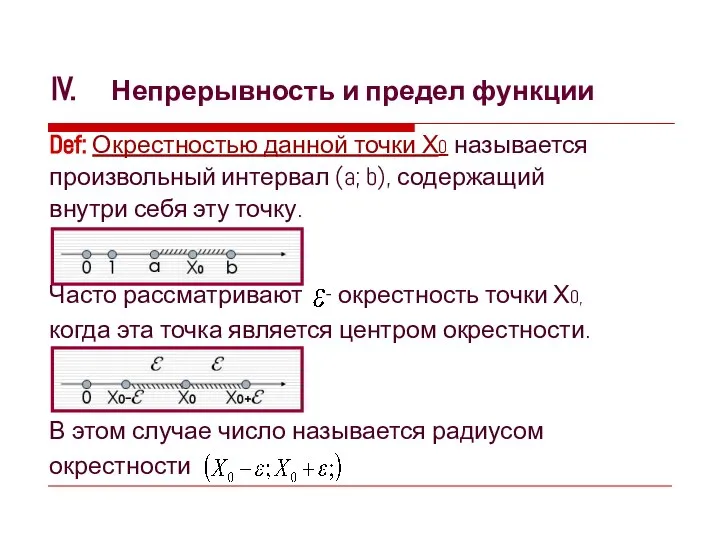 Def: Окрестностью данной точки Х0 называется произвольный интервал (a; b), содержащий