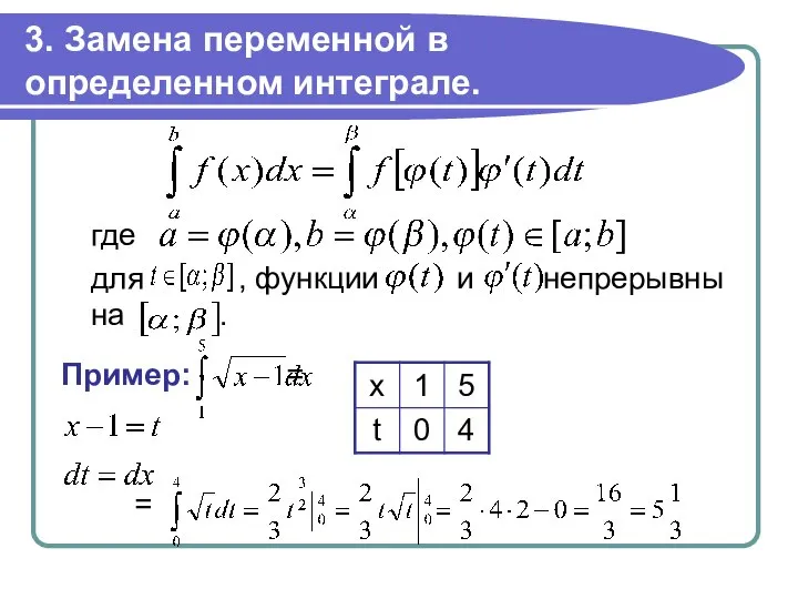 3. Замена переменной в определенном интеграле. где для , функции и