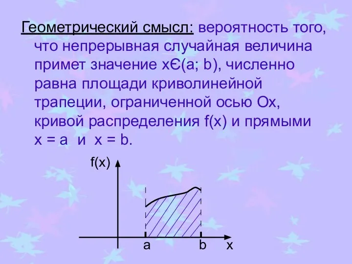 Геометрический смысл: вероятность того, что непрерывная случайная величина примет значение xЄ(а;