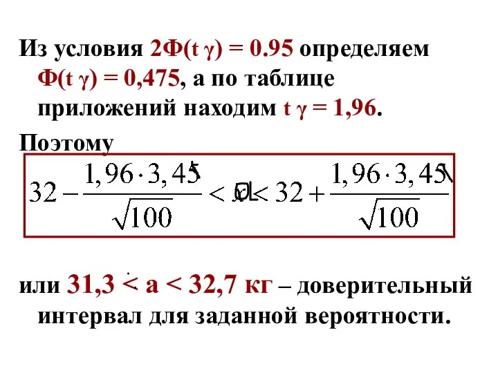 Из условия 2Φ(t γ) = 0.95 определяем Φ(t γ) = 0,475,