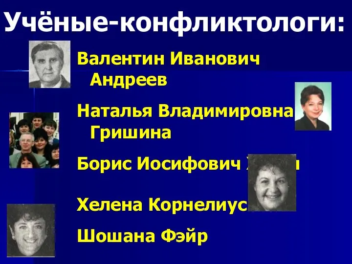 Учёные-конфликтологи: Валентин Иванович Андреев Наталья Владимировна Гришина Борис Иосифович Хасан Хелена Корнелиус Шошана Фэйр