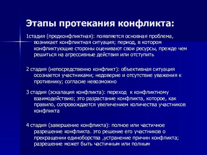 Этапы протекания конфликта: 1стадия (предконфликтная): появляется основная проблема, возникает конфликтная ситуация;