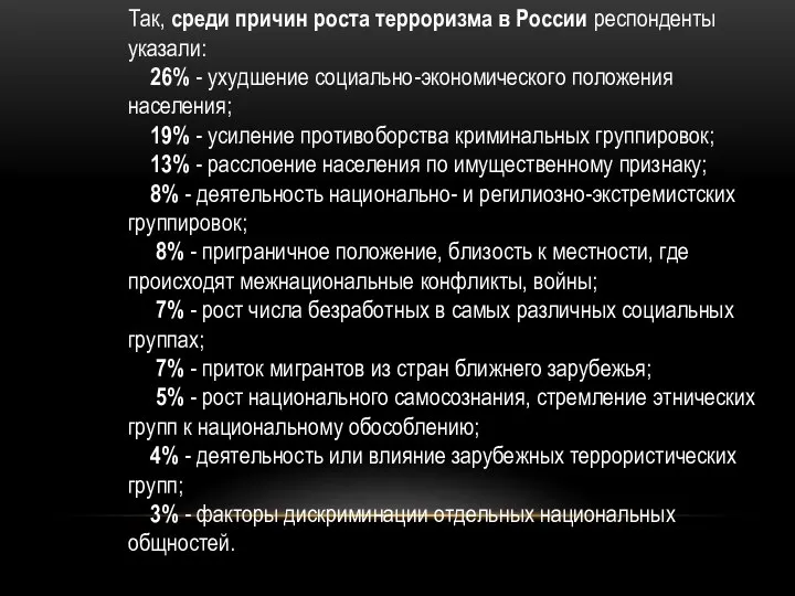 Так, среди причин роста терроризма в России респонденты указали: 26% -