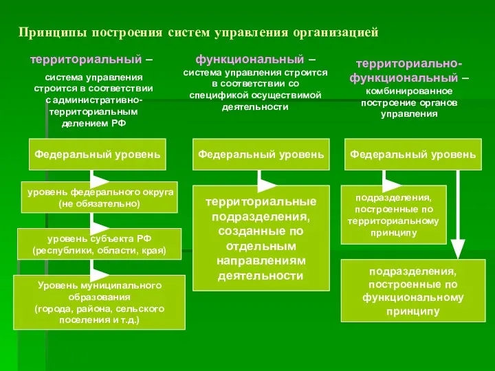 Принципы построения систем управления организацией территориальный – система управления строится в