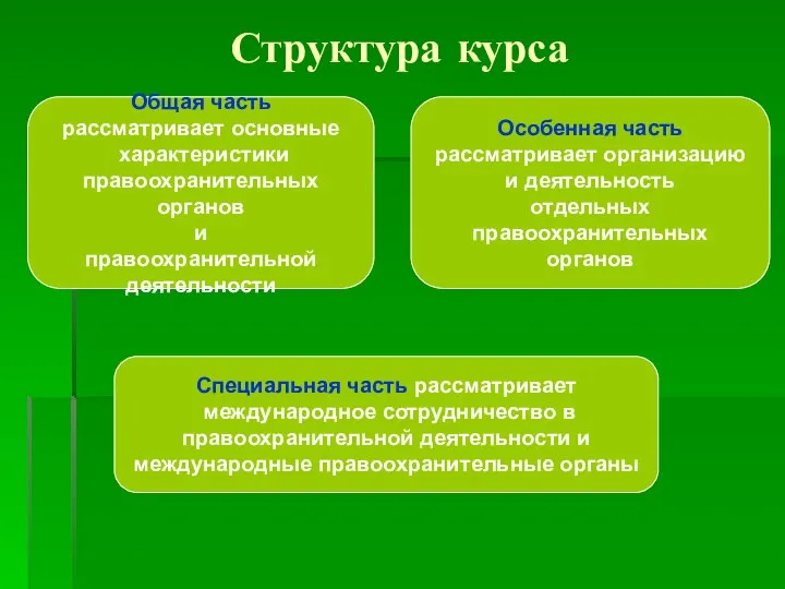 Структура курса Общая часть рассматривает основные характеристики правоохранительных органов и правоохранительной