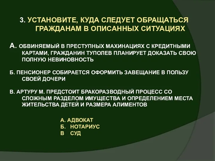 3. УСТАНОВИТЕ, КУДА СЛЕДУЕТ ОБРАЩАТЬСЯ ГРАЖДАНАМ В ОПИСАННЫХ СИТУАЦИЯХ А. ОБВИНЯЕМЫЙ