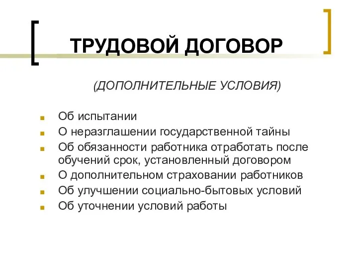 ТРУДОВОЙ ДОГОВОР (ДОПОЛНИТЕЛЬНЫЕ УСЛОВИЯ) Об испытании О неразглашении государственной тайны Об