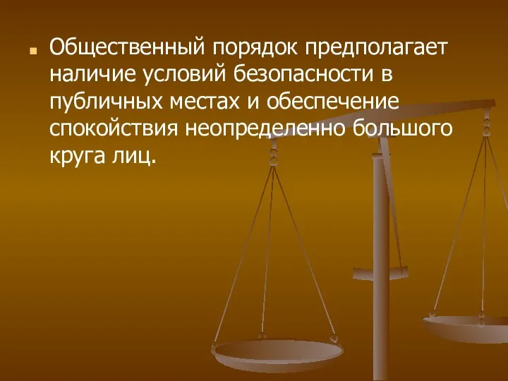 Общественный порядок предполагает наличие условий безопасности в публичных местах и обеспечение спокойствия неопределенно большого круга лиц.