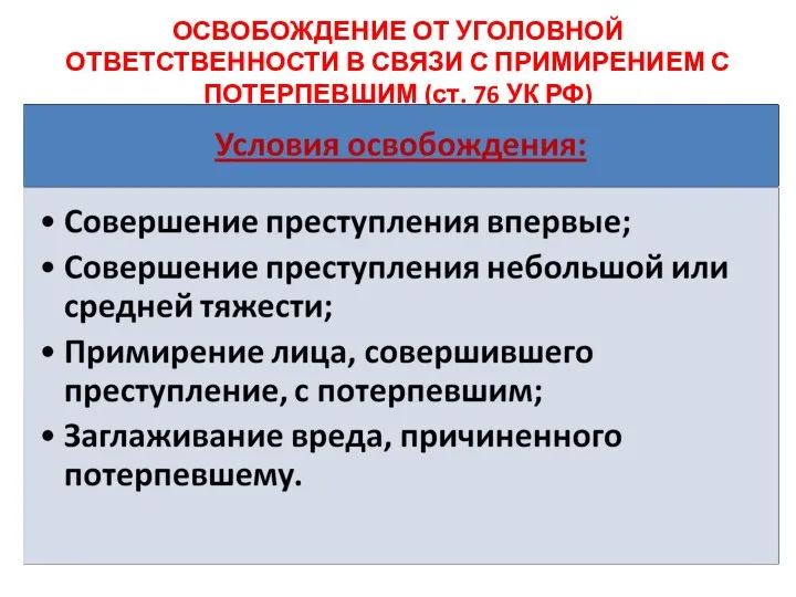 ОСВОБОЖДЕНИЕ ОТ УГОЛОВНОЙ ОТВЕТСТВЕННОСТИ В СВЯЗИ С ПРИМИРЕНИЕМ С ПОТЕРПЕВШИМ (ст. 76 УК РФ)