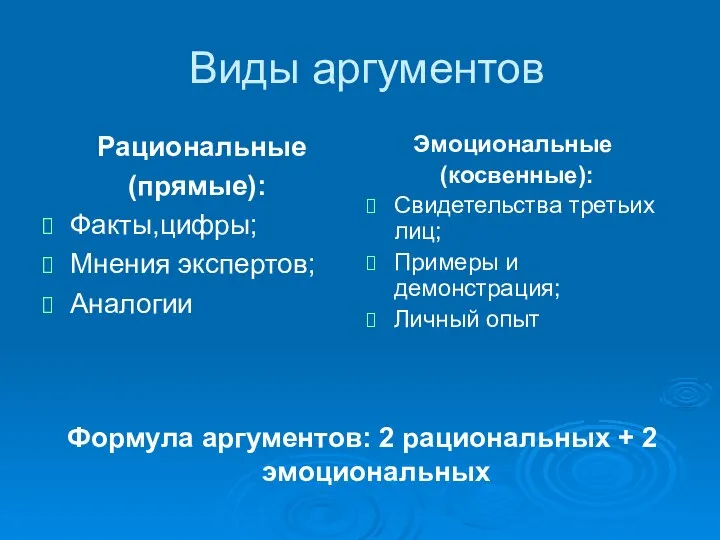 Виды аргументов Рациональные (прямые): Факты,цифры; Мнения экспертов; Аналогии Формула аргументов: 2