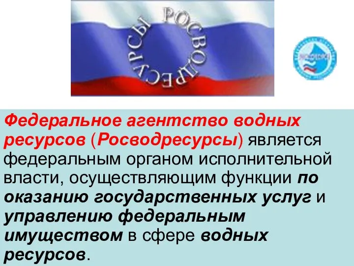 Федеральное агентство водных ресурсов (Росводресурсы) является федеральным органом исполнительной власти, осуществляющим