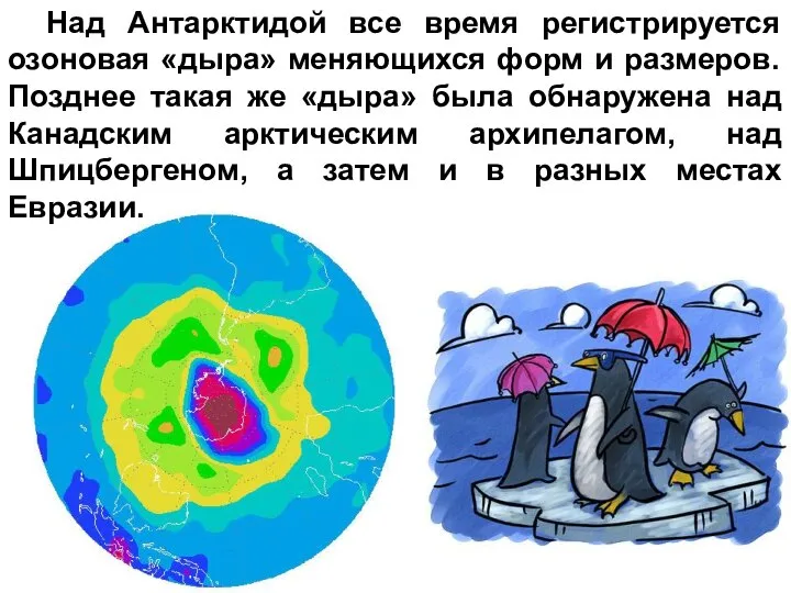 Над Антарктидой все время регистрируется озоновая «дыра» меняющихся форм и размеров.