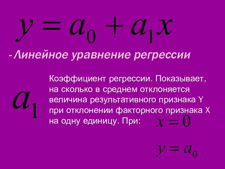 - Линейное уравнение регрессии Коэффициент регрессии. Показывает, на сколько в среднем