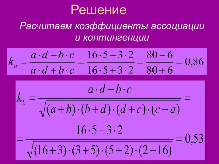 Решение Расчитаем коэффициенты ассоциации и контингенции