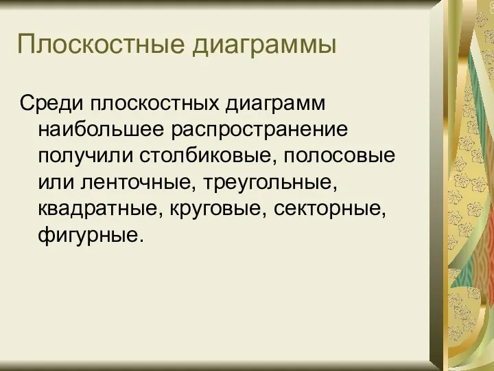 Плоскостные диаграммы Среди плоскостных диаграмм наибольшее распространение получили столбиковые, полосовые или