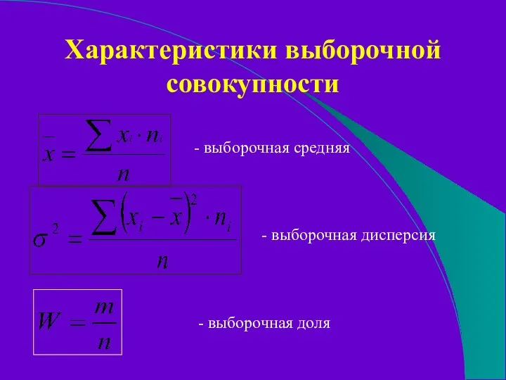 Характеристики выборочной совокупности - выборочная средняя - выборочная дисперсия - выборочная доля