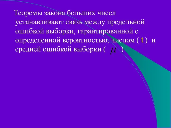 Теоремы закона больших чисел устанавливают связь между предельной ошибкой выборки, гарантированной