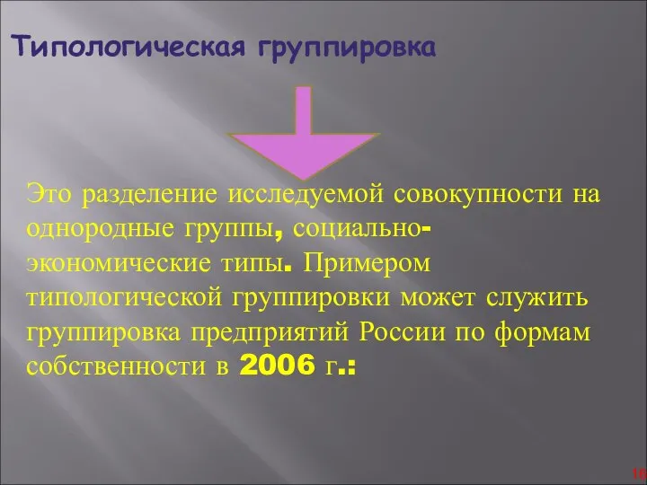 Типологическая группировка Это разделение исследуемой совокупности на однородные группы, социально-экономические типы.