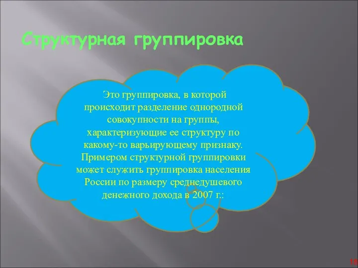 Это группировка, в которой происходит разделение однородной совокупности на группы, характеризующие