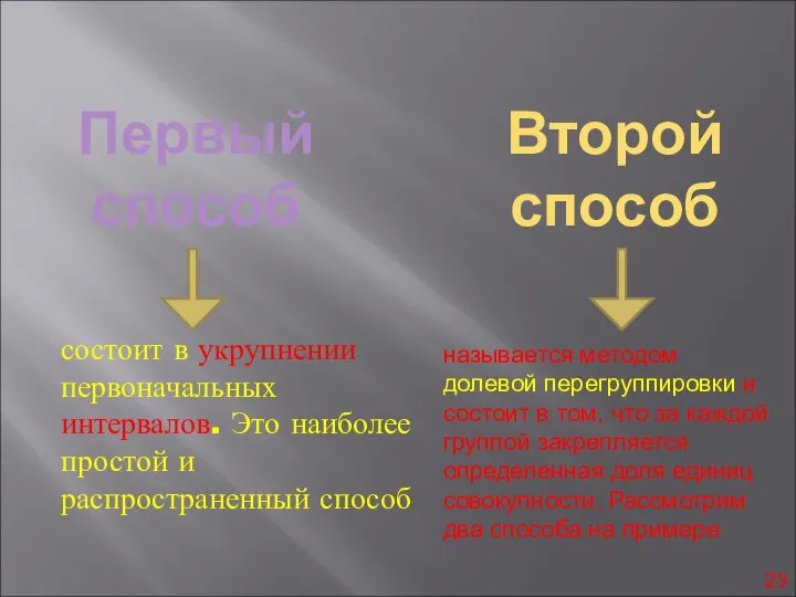 Первый способ Второй способ состоит в укрупнении первоначальных интервалов. Это наиболее