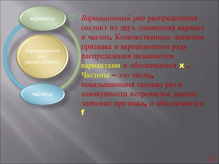 Вариационный ряд распределения состоит из двух элементов: вариант и частот. Количественные