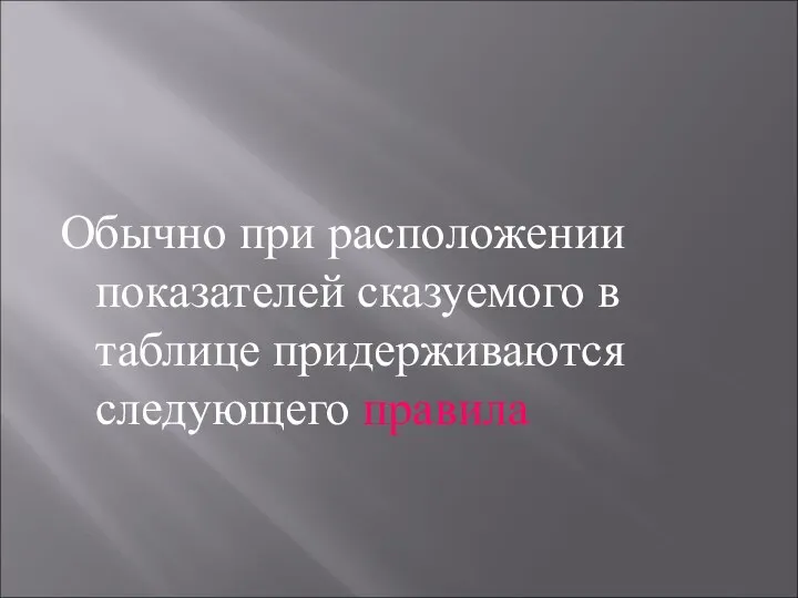 Обычно при расположении показателей сказуемого в таблице придерживаются следующего правила