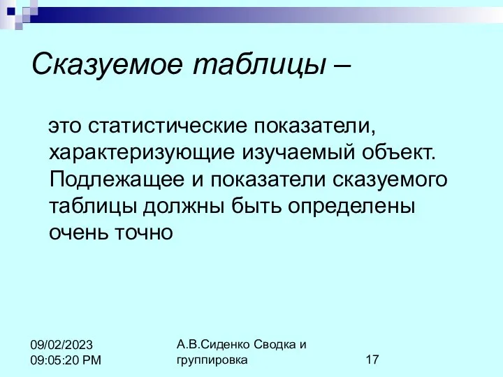 А.В.Сиденко Сводка и группировка 09/02/2023 09:05:20 PM Сказуемое таблицы – это