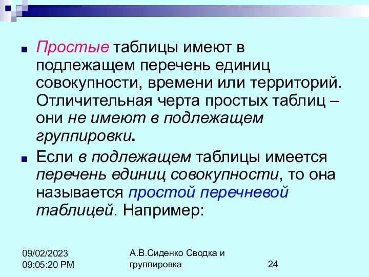 А.В.Сиденко Сводка и группировка 09/02/2023 09:05:20 PM Простые таблицы имеют в