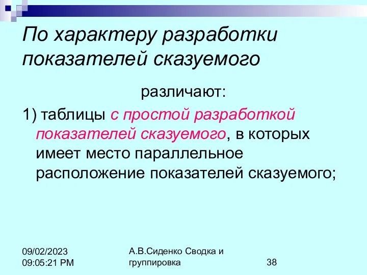 А.В.Сиденко Сводка и группировка 09/02/2023 09:05:21 PM По характеру разработки показателей