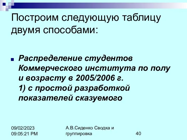 А.В.Сиденко Сводка и группировка 09/02/2023 09:05:21 PM Построим следующую таблицу двумя