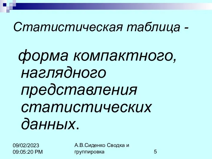 А.В.Сиденко Сводка и группировка 09/02/2023 09:05:20 PM Статистическая таблица - форма компактного, наглядного представления статистических данных.