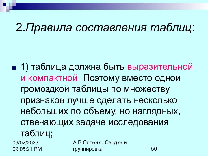 А.В.Сиденко Сводка и группировка 09/02/2023 09:05:21 PM 2.Правила составления таблиц: 1)