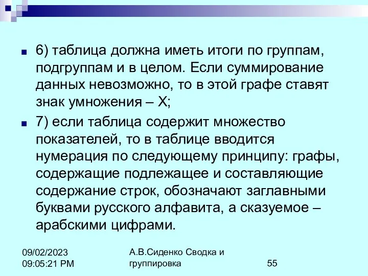 А.В.Сиденко Сводка и группировка 09/02/2023 09:05:21 PM 6) таблица должна иметь