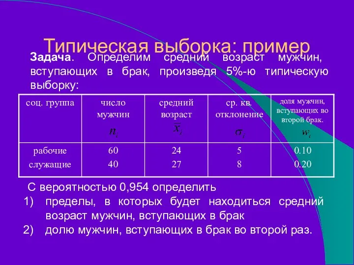 Типическая выборка: пример Задача. Определим средний возраст мужчин, вступающих в брак,