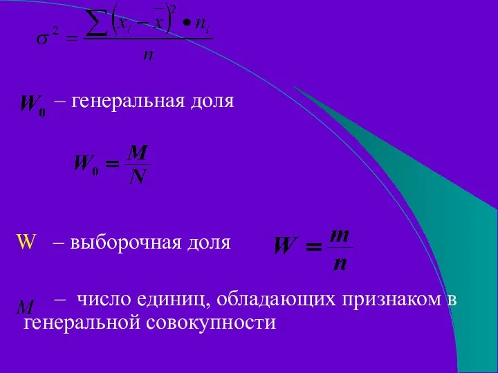 – генеральная доля W – выборочная доля – число единиц, обладающих признаком в генеральной совокупности