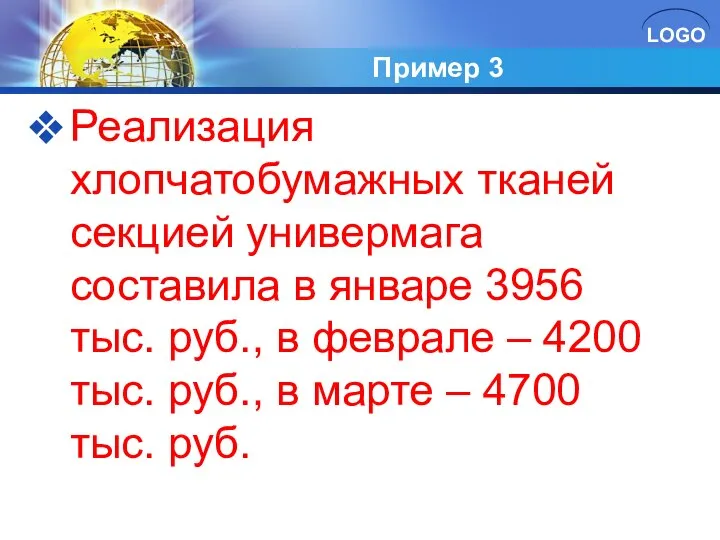 Пример 3 Реализация хлопчатобумажных тканей секцией универмага составила в январе 3956