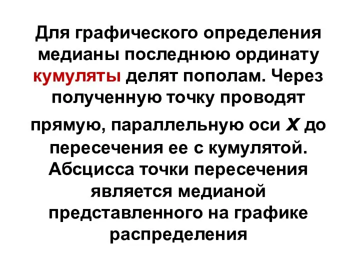 Для графического определения медианы последнюю ординату кумуляты делят пополам. Через полученную