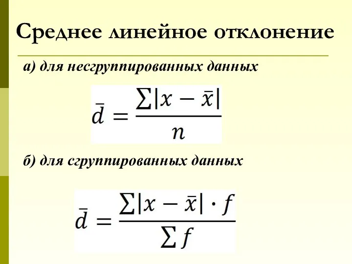 Среднее линейное отклонение а) для несгруппированных данных б) для сгруппированных данных