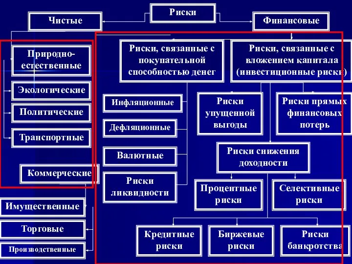 Риски Финансовые Чистые Риски, связанные с вложением капитала (инвестиционные риски) Риски,