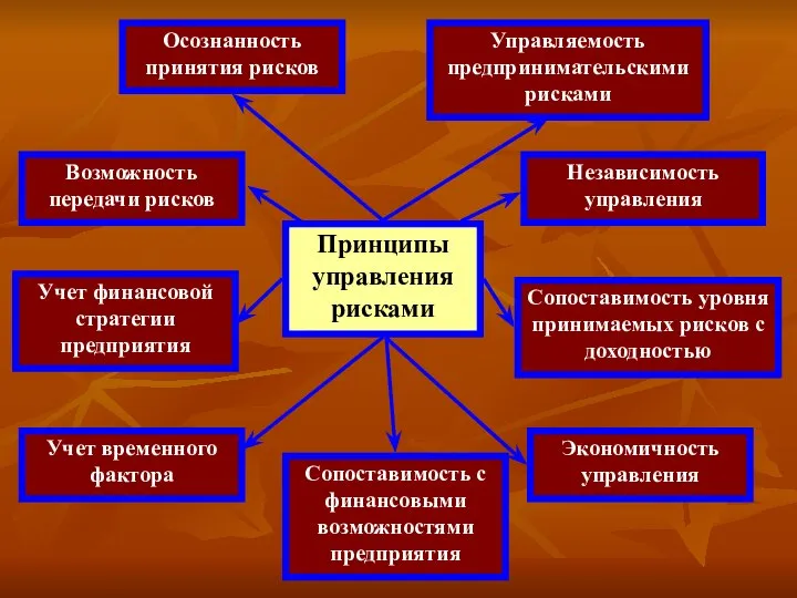 Принципы управления рисками Осознанность принятия рисков Управляемость предпринимательскими рисками Возможность передачи