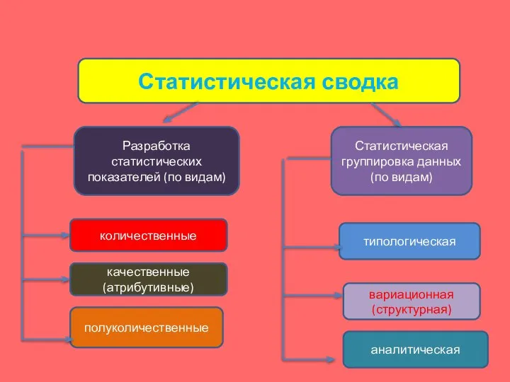 Статистическая сводка Разработка статистических показателей (по видам) Статистическая группировка данных (по