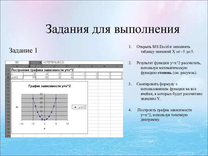 Задания для выполнения 1. Открыть MS Excel и заполнить таблицу значений