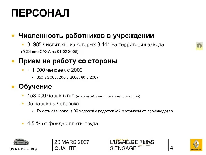 20 MARS 2007 QUALITE L'USINE DE FLINS S'ENGAGE ПЕРСОНАЛ Численность работников