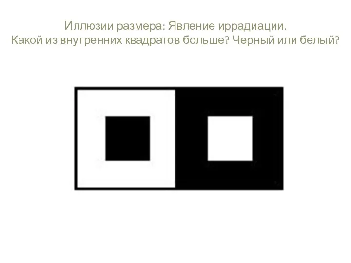 Иллюзии размера: Явление иррадиации. Какой из внутренних квадратов больше? Черный или белый?