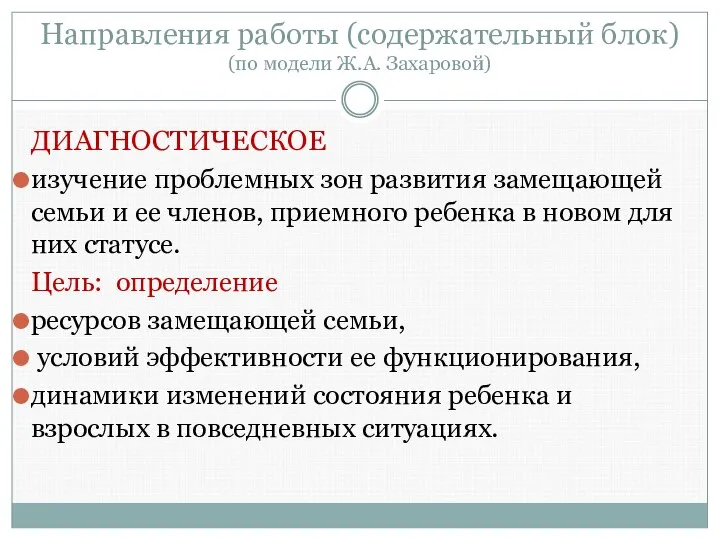 Направления работы (содержательный блок) (по модели Ж.А. Захаровой) ДИАГНОСТИЧЕСКОЕ изучение проблемных